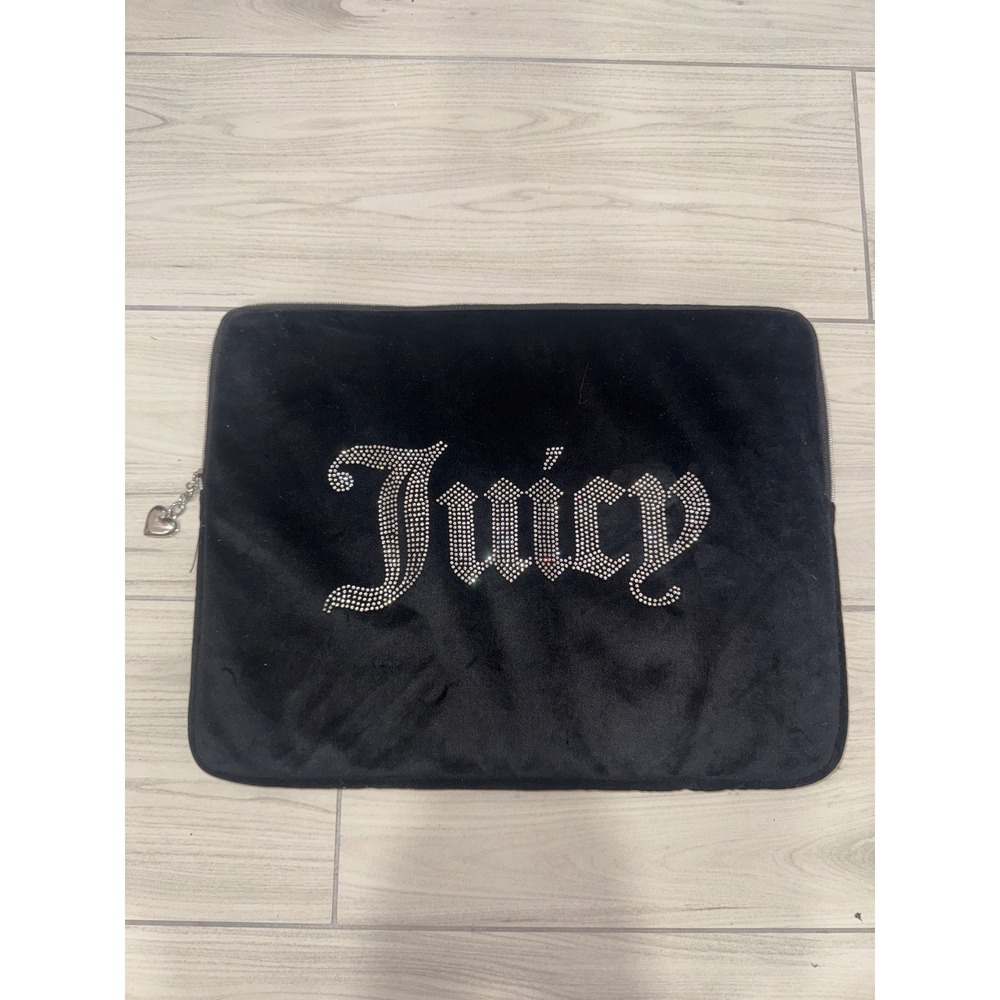 Juicy Couture Black Velour Rhinestone Laptop Sleeve Case Y2K Heart Charm Zip